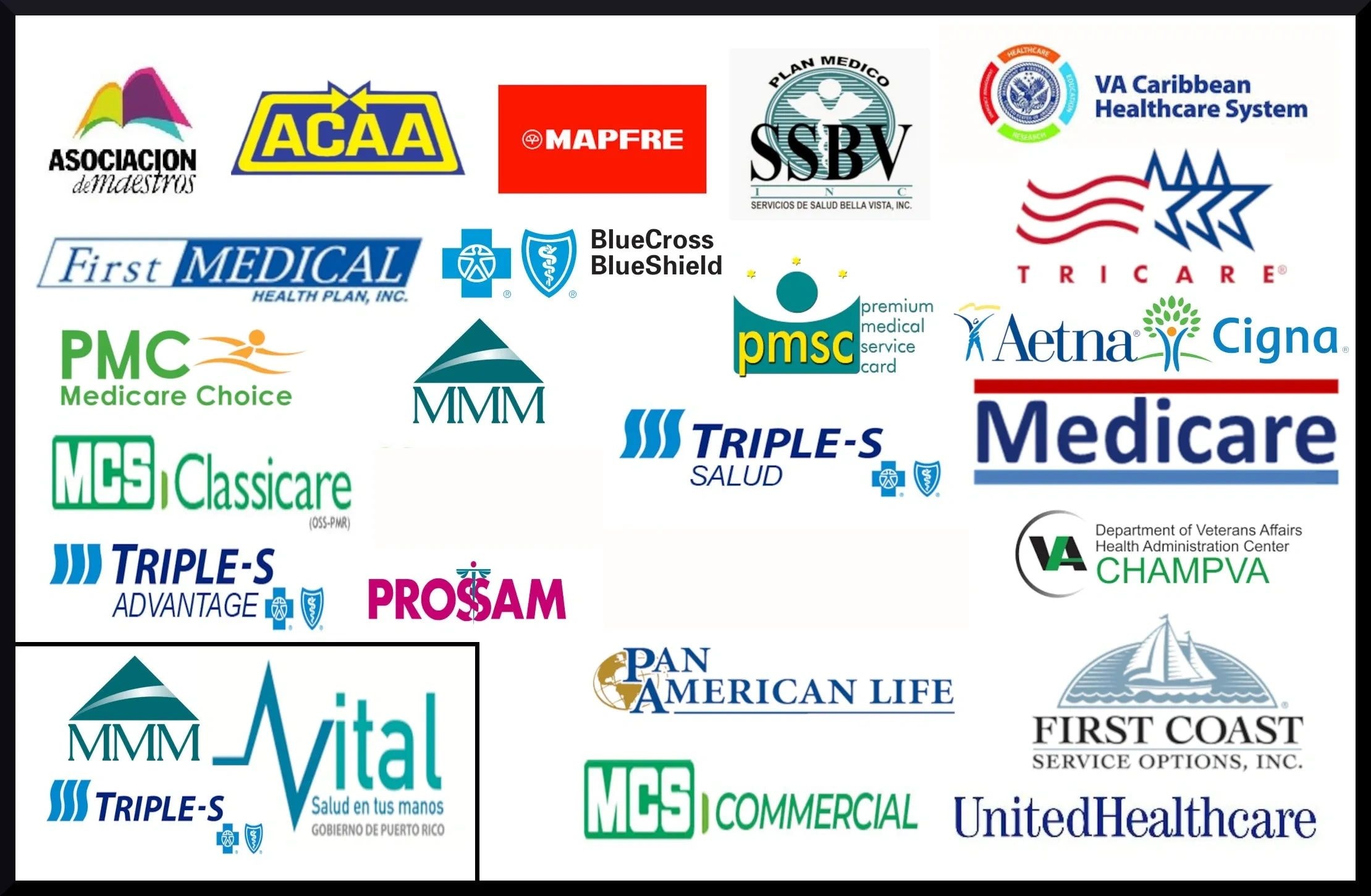 Planes médicos aceptados: BlueCross BlueShield, Aetna, Cigna, Medicare, UnitedHealthcare, Triple-S, MMM y más